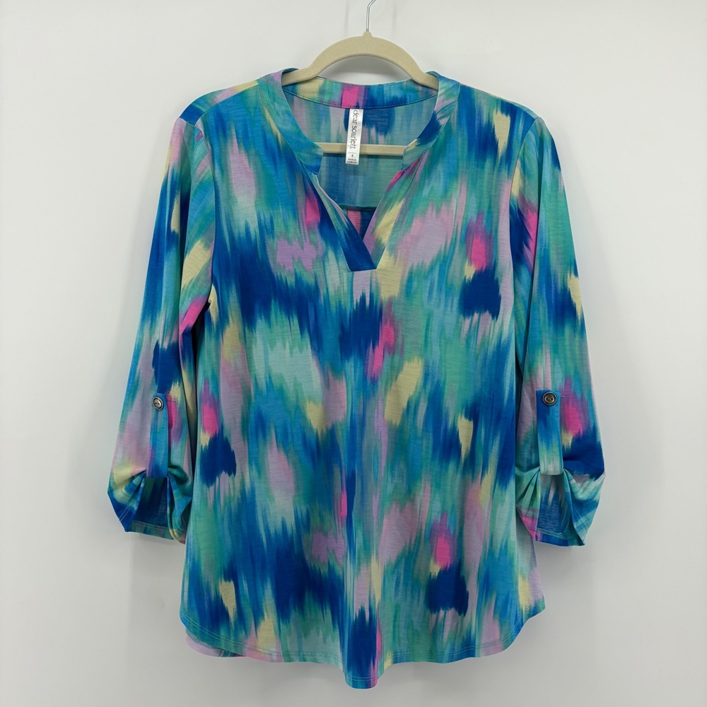 Dear Scarlett Abstract Print Roll Tab Sleeve Tunic Top Blue Pink Green Small